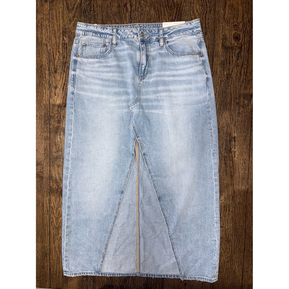 American Eagle Light Wash Denim Maxi Skirt Womens 10 Low Rise Slit Y2K NWT